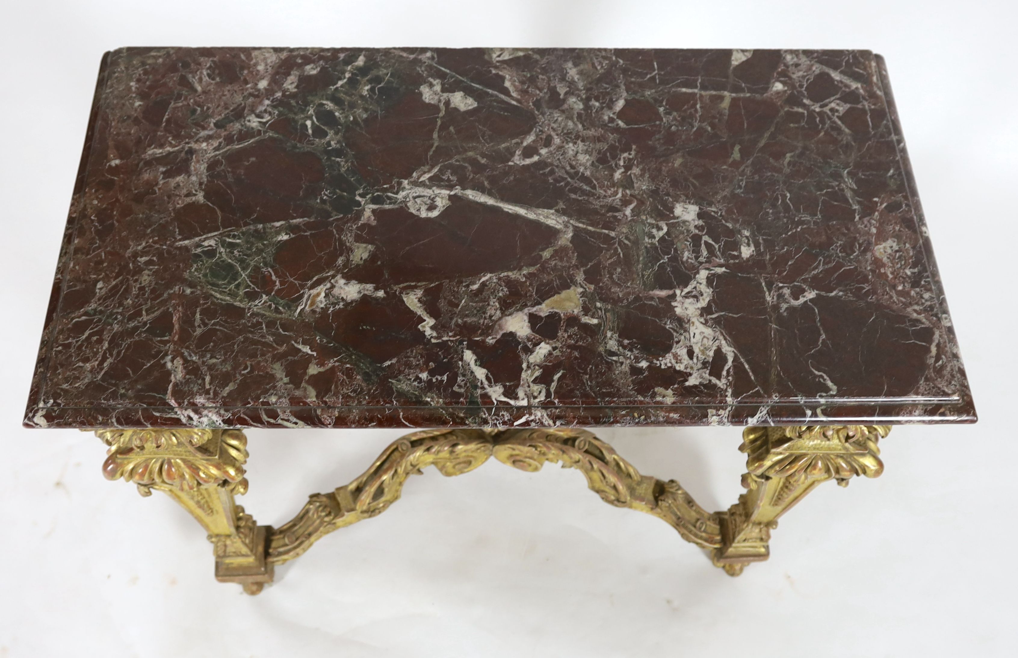 A Louis XIV period carved giltwood console table, W.108cm D.56cm H.82cm